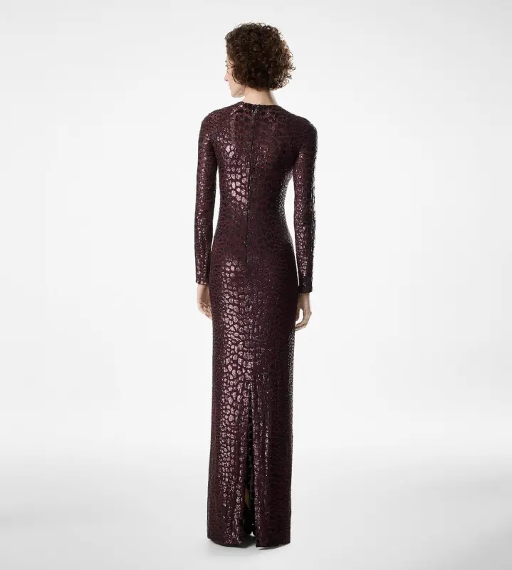 EMBROIDERED CROC EFFECT LONG SLEEVE EVENING DRESS BURGUNDY online